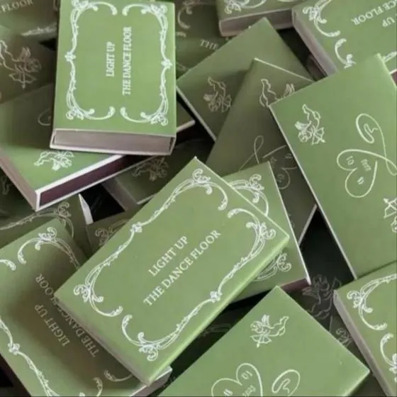 Sage green matchboxes printed with Light up the dance floor