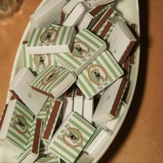 Green striped matchboxes with a dog portrait in an oval frame, in a white dish